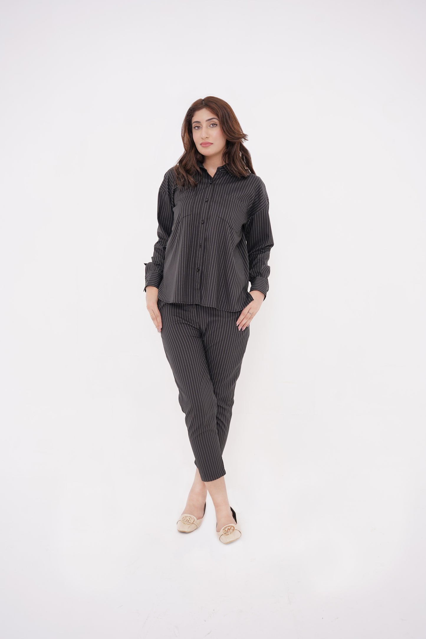 Black Striped Button-down Shirt and Pants Set