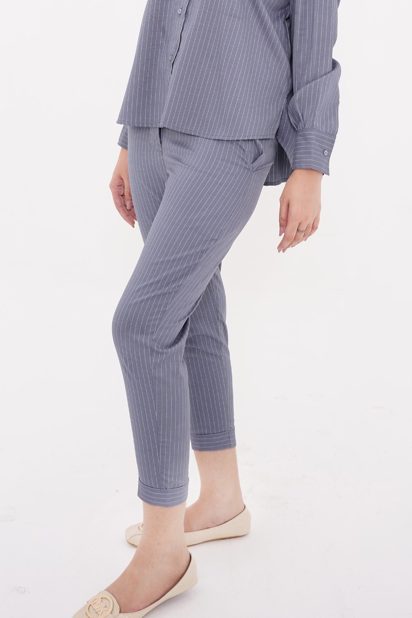 Chalk Blue Striped Folded Hem Length Pants