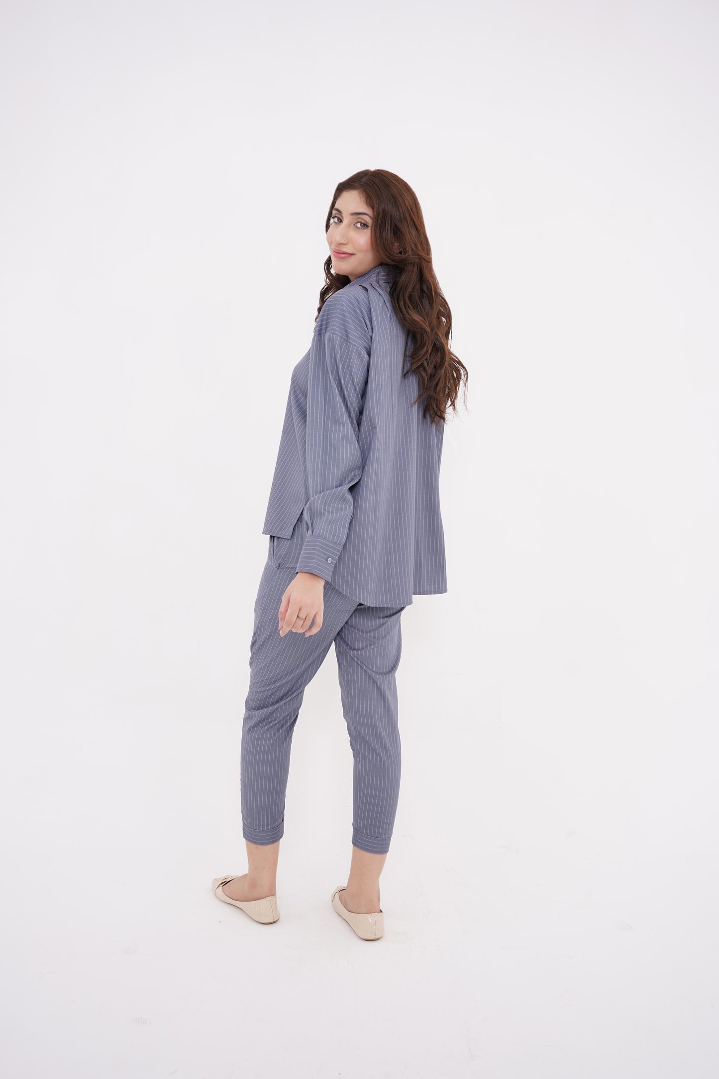 Chalk Blue Striped Button-down Shirt and Pants Set