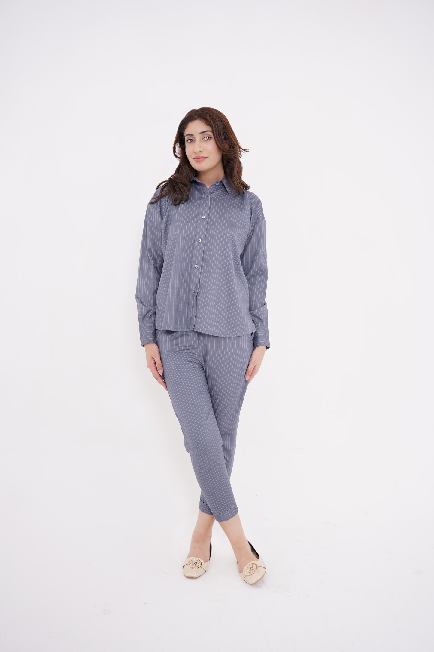 Chalk Blue Striped Button-down Shirt and Pants Set