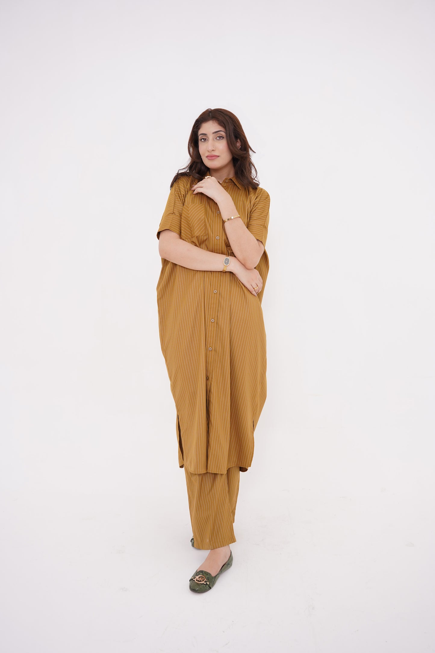 Mustard Striped Long Dress and Pants Set