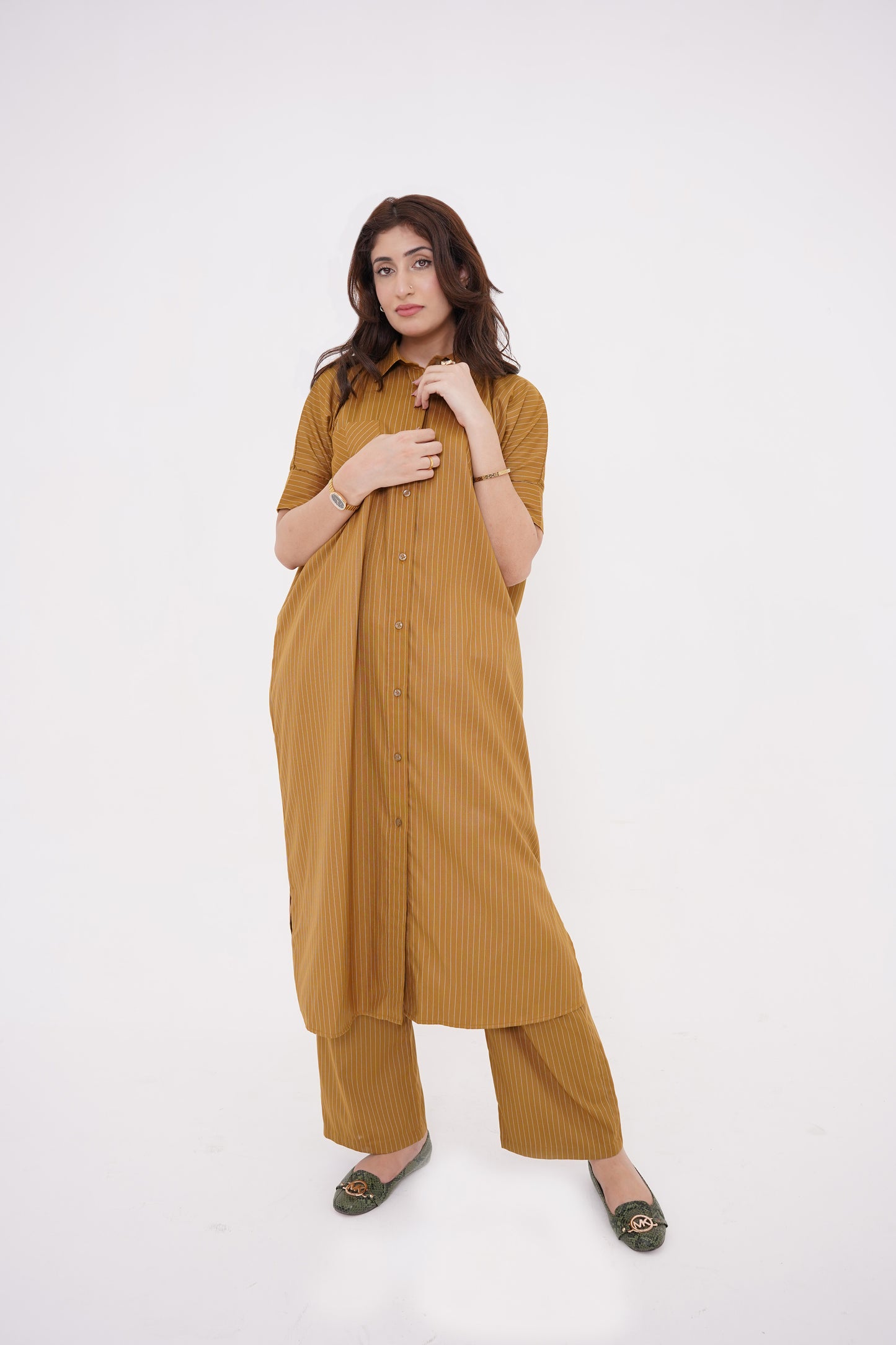 Mustard Striped Long Dress and Pants Set