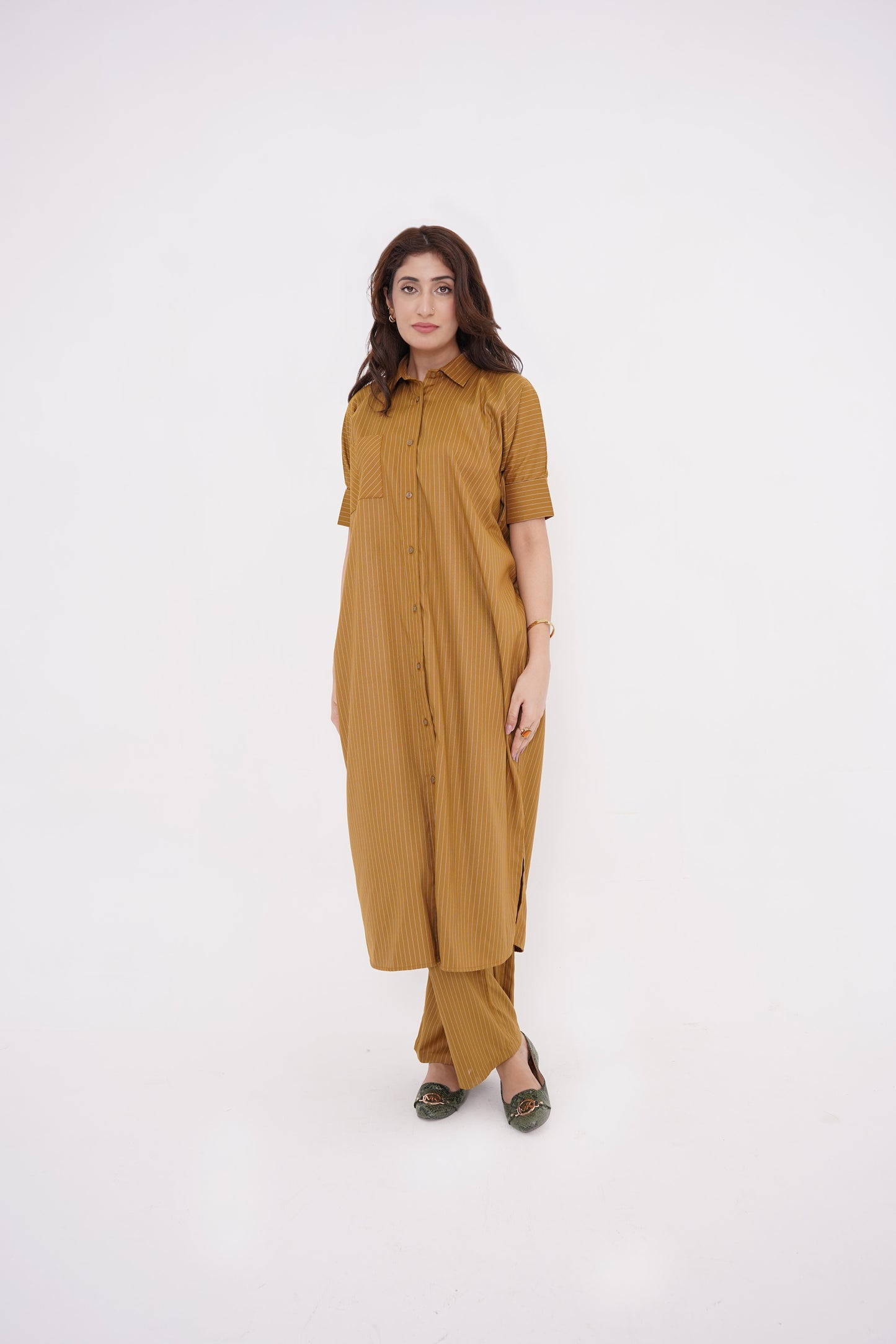 Mustard Striped Long Dress and Pants Set