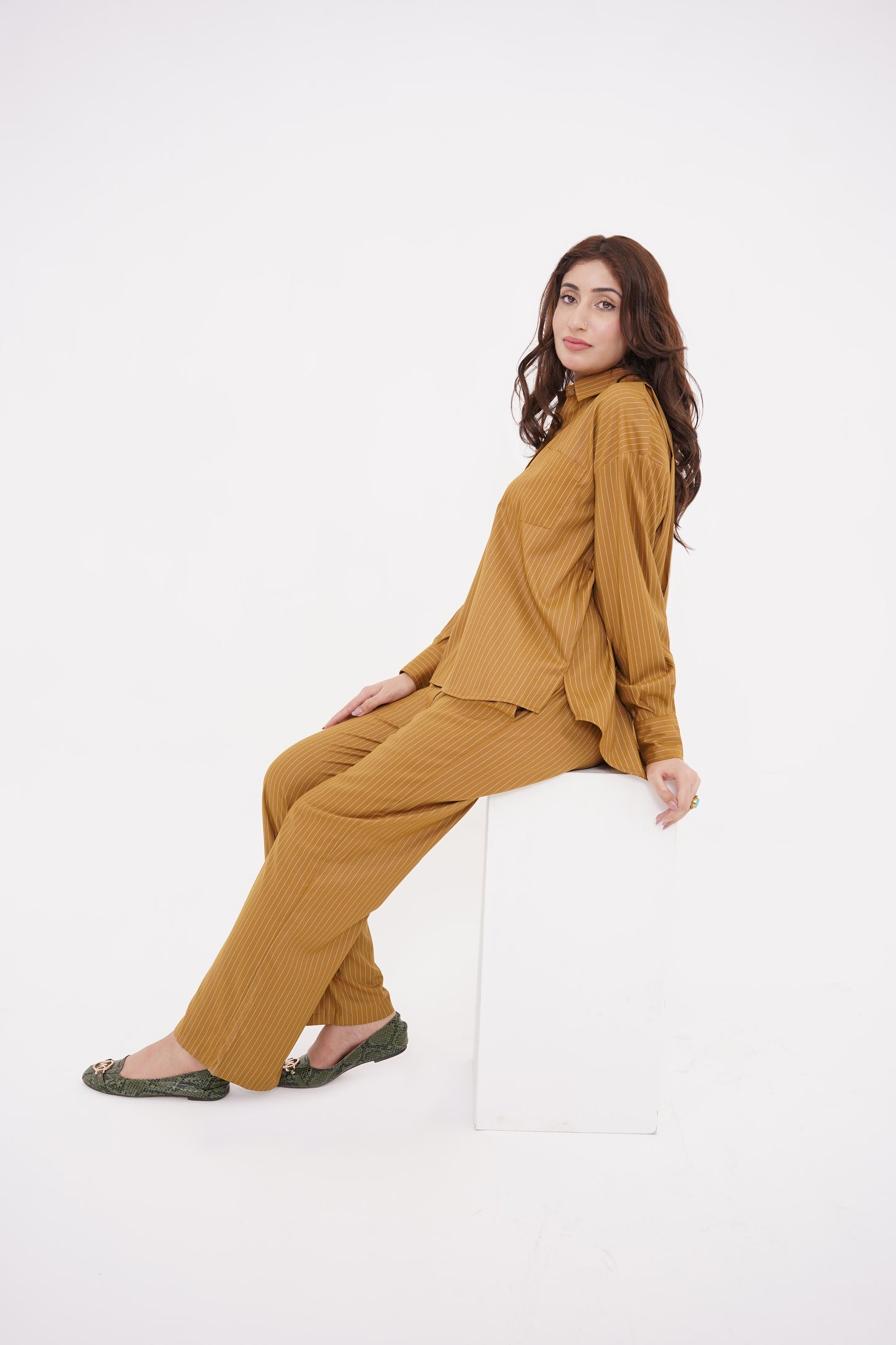 Mustard Striped Button-down Shirt and Pants Set